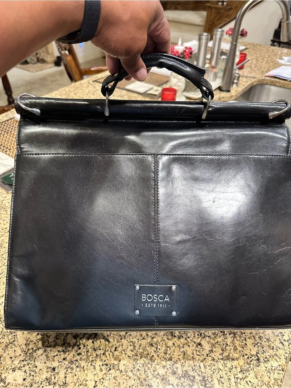 Bosca Black Leather Doctor-Style Briefcase with Top Handle
